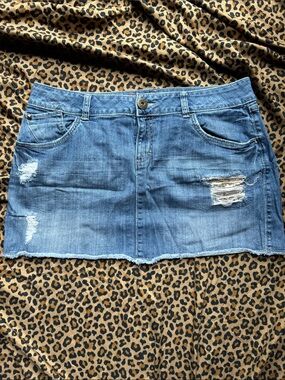 Elle Distressed Denim Mini Skirt, gold sequin detailing, size 14
